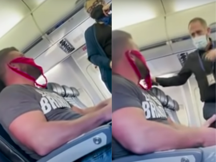 Screenshots of a Twitter video showing a man wearing panties on his face on a United Airlines flight.