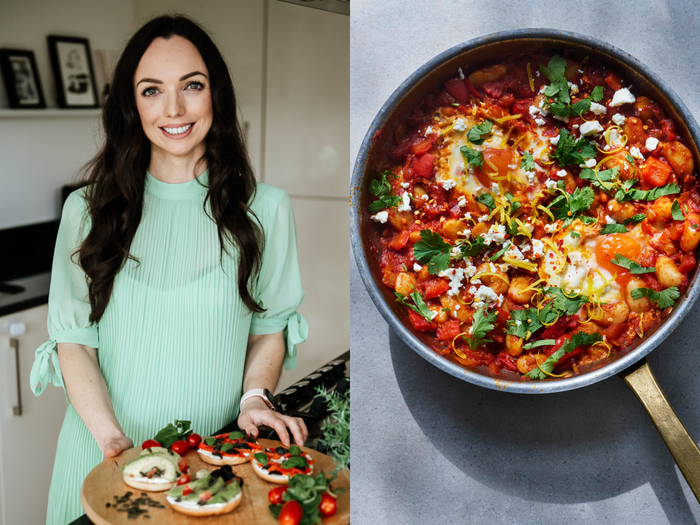 A composite image of Nichola Ludlam-Raine in her kitchen, and a butterbean shakshuka.