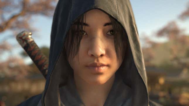 Assassin's Creed Shadows' female protagonist, Naoe, staring to camera with her hood up.