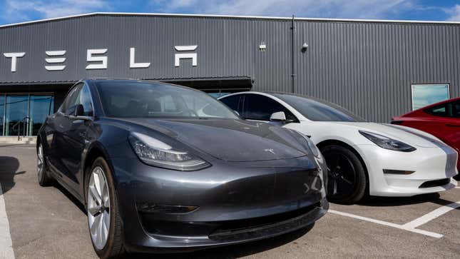 esla cars are seen on a lot at a Tesla dealership on January 03, 2023 in Austin, Texas.