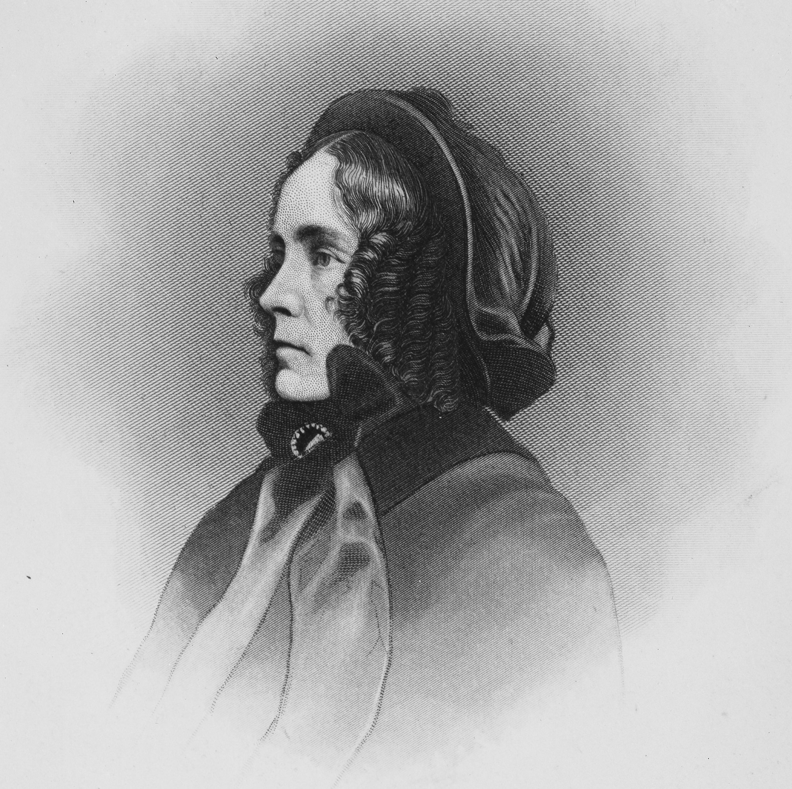 A black and white engraving of Mrs. Franklin Pierce, head-and-shoulders portrait, facing left.