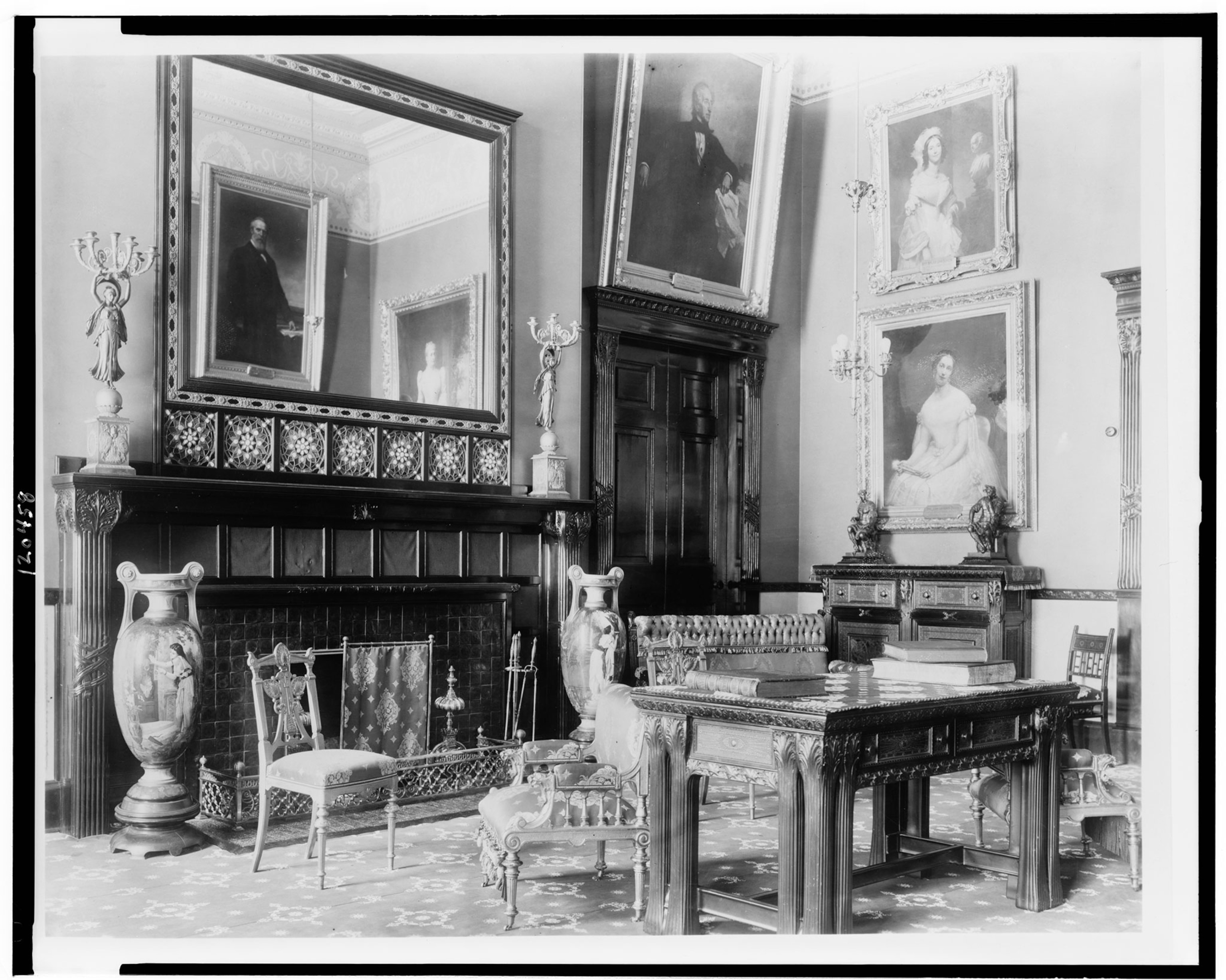 A black and white photo of the Red Room, White House, Washington, D.C.