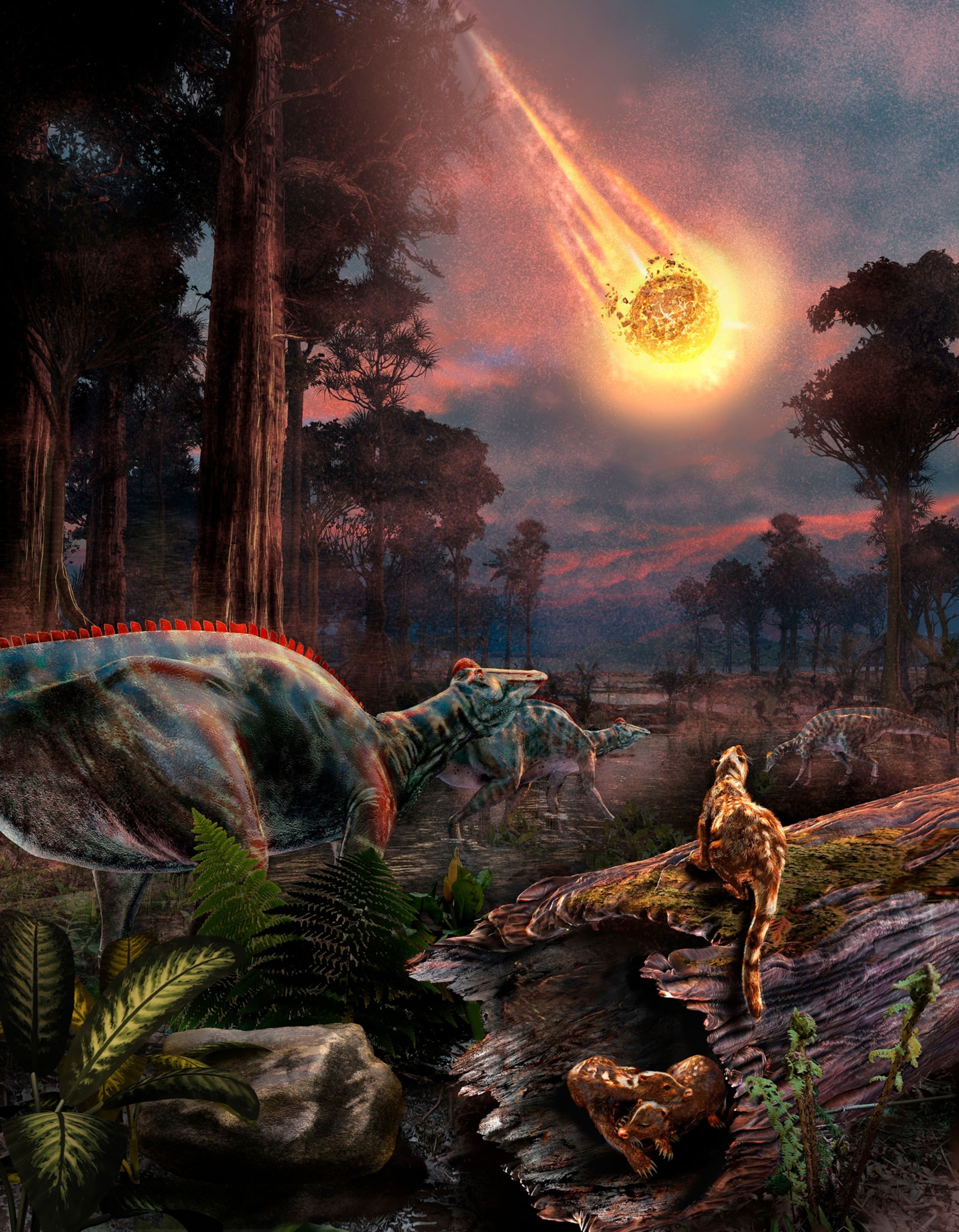 Various mammals and dinosaurs gathered in an open forest by the water, looking upwards as they watch a fiery asteroid flying down to Earth across a cloudy pink sky.