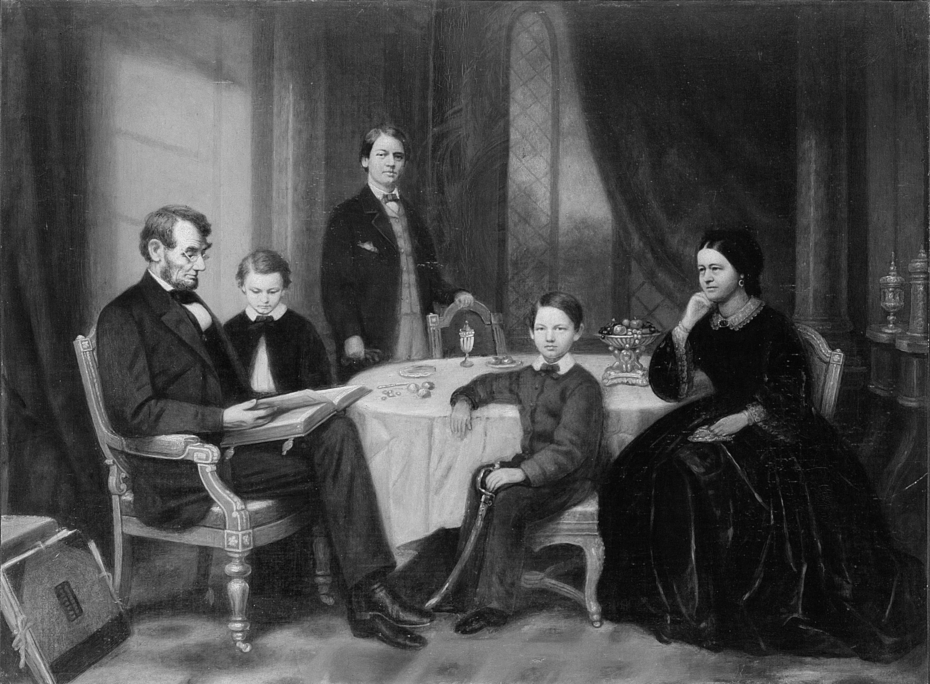 A black and white oil panting of Abraham Lincoln reading a book at a table in a living space to Mary, William, and Tad.