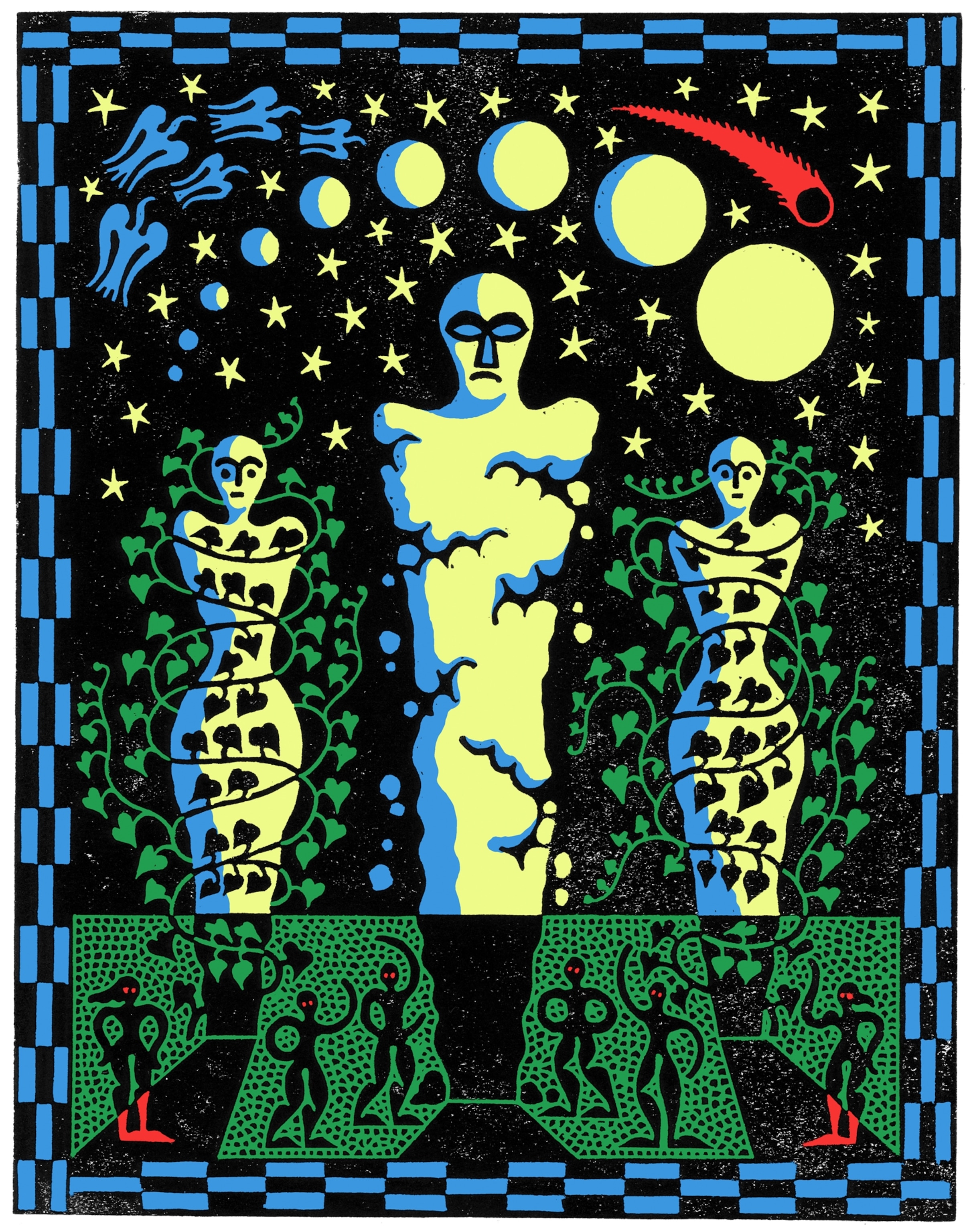 Picture of illustration depicting three abstract human figures under stars and planets in the sky.