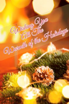 a christmas card with pine cones and lights in the background that says wishing you all the warmth of the holidays