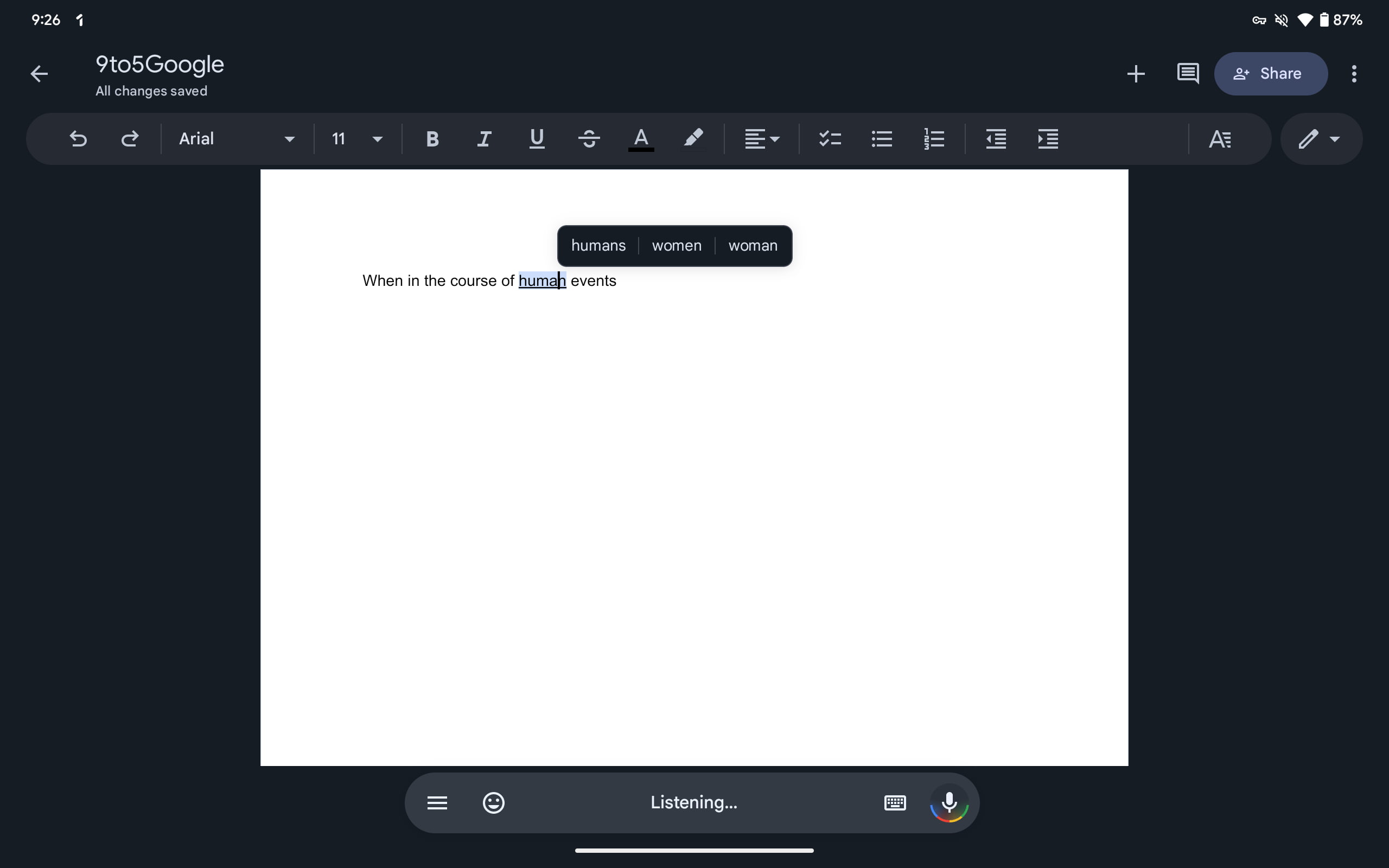 Assistant voice typing toolbar