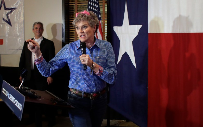 Kim Olson, Democratic candidate for Texas Agriculture Commissioner, addresses supporters during a Democratic watch party following the Texas primary election in Austin, Texas on March 6, 2018. Photo by Eric Gay, AP Photo