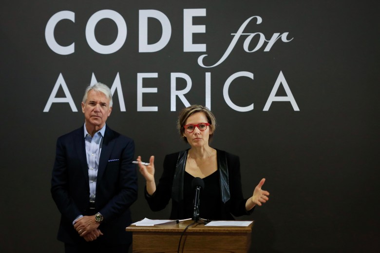 Code For America executive director Jennifer Pahlka (right) and District Attorney George Gascón (left) at press conference in San Francisco in 2018. Photo by Lea Suzuki, San Francisco Chronicle via AP Photo