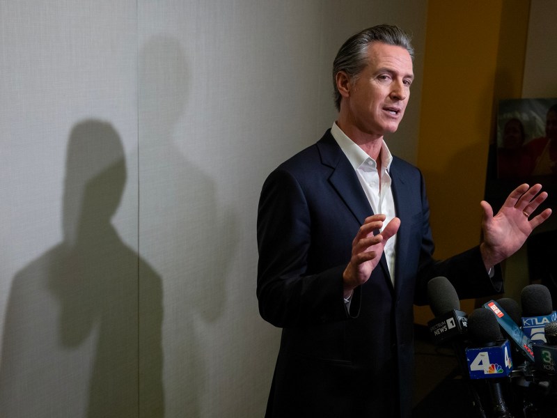 Gov. Gavin Newsom addresses media after signing legislation into law in Los Angeles on Sept. 28, 2023. Photo by Alisha Jucevic for CalMatters
