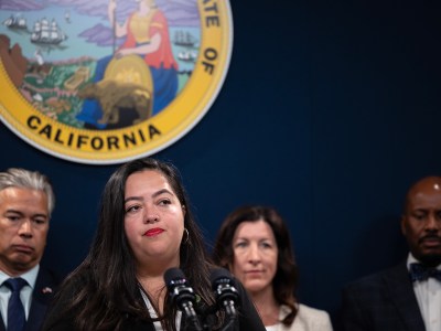 Assemblyperson Wendy Carrillo, D-Los Angeles, addresses the media during a press conference announcing new gun legislation targeting the state's public carry laws on Feb. 1, 2023. Photo by Miguel Gutierrez Jr., CalMatters