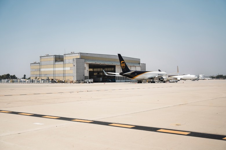 UPS Air Cargo plane by the UPS Air building, San Bernardino International Airport (SBD), on April 22, 2024. Photo by Jules Hotz for CalMatters