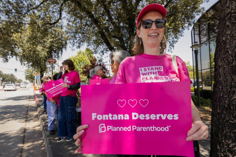 Planned Parenthood supporters rally outside Fontana City Hall on May 14, 2024. Photo by Ted Soqui for CalMatters