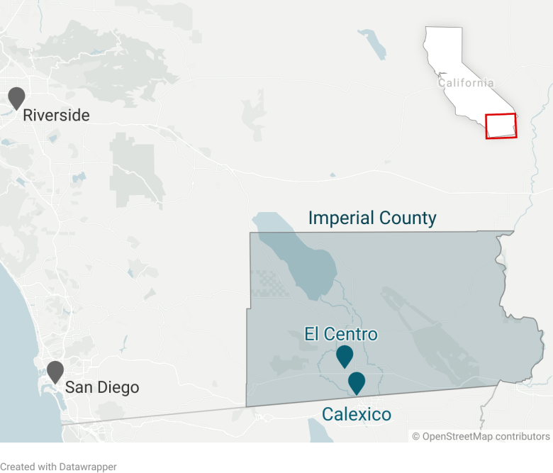 Map showing Imperial County's location in California and its biggest towns.