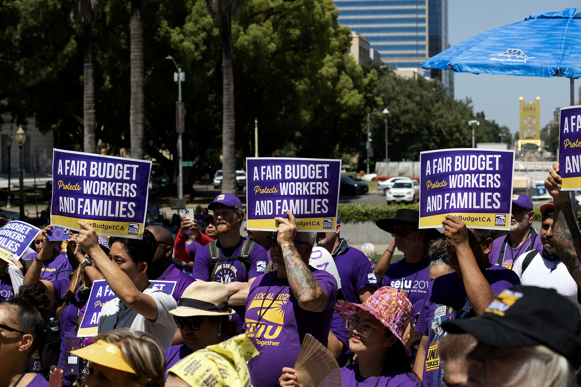 SEIU union members and supporters rallied at the Capitol in Sacramento in protest of budget cuts on June 11, 2024. Photo by by Renee Lopez for CalMatters