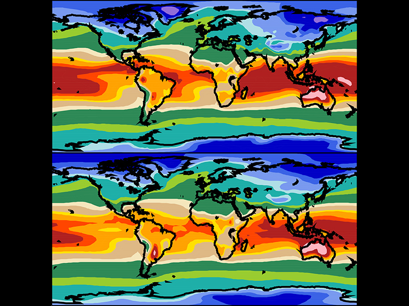 (top) Observed and (bottom) simulated seasonal mean (December–January–February) 2-meter surface air temperature data.