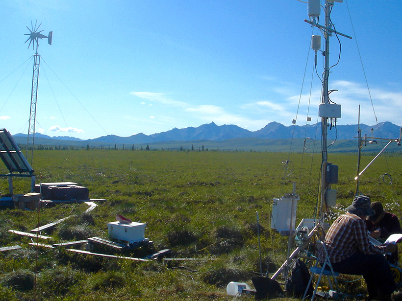 Scientists use eddy covariance flux towers to measure methane release from permafrost near the Stampede Trail in Alaska.