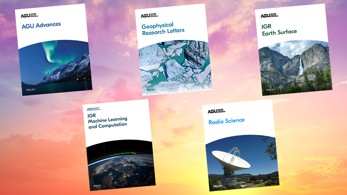 5 AGU journal covers in front of a sunrise.