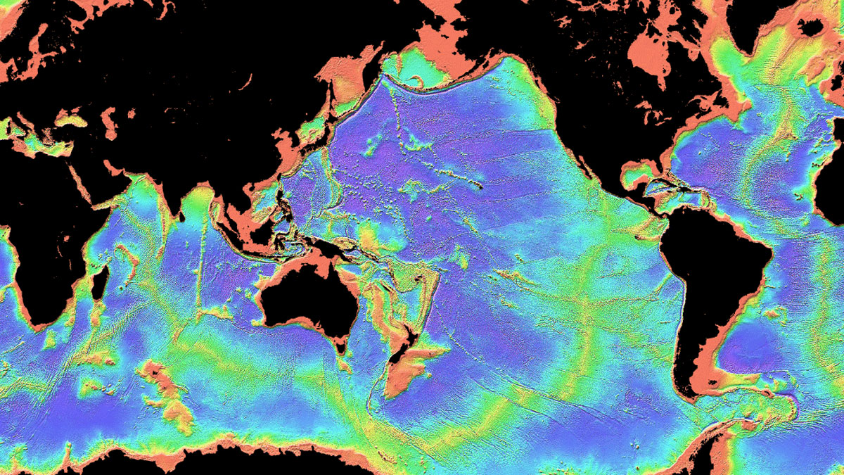 Earth’s mid-ocean ridge system, shown in mostly blue and green.