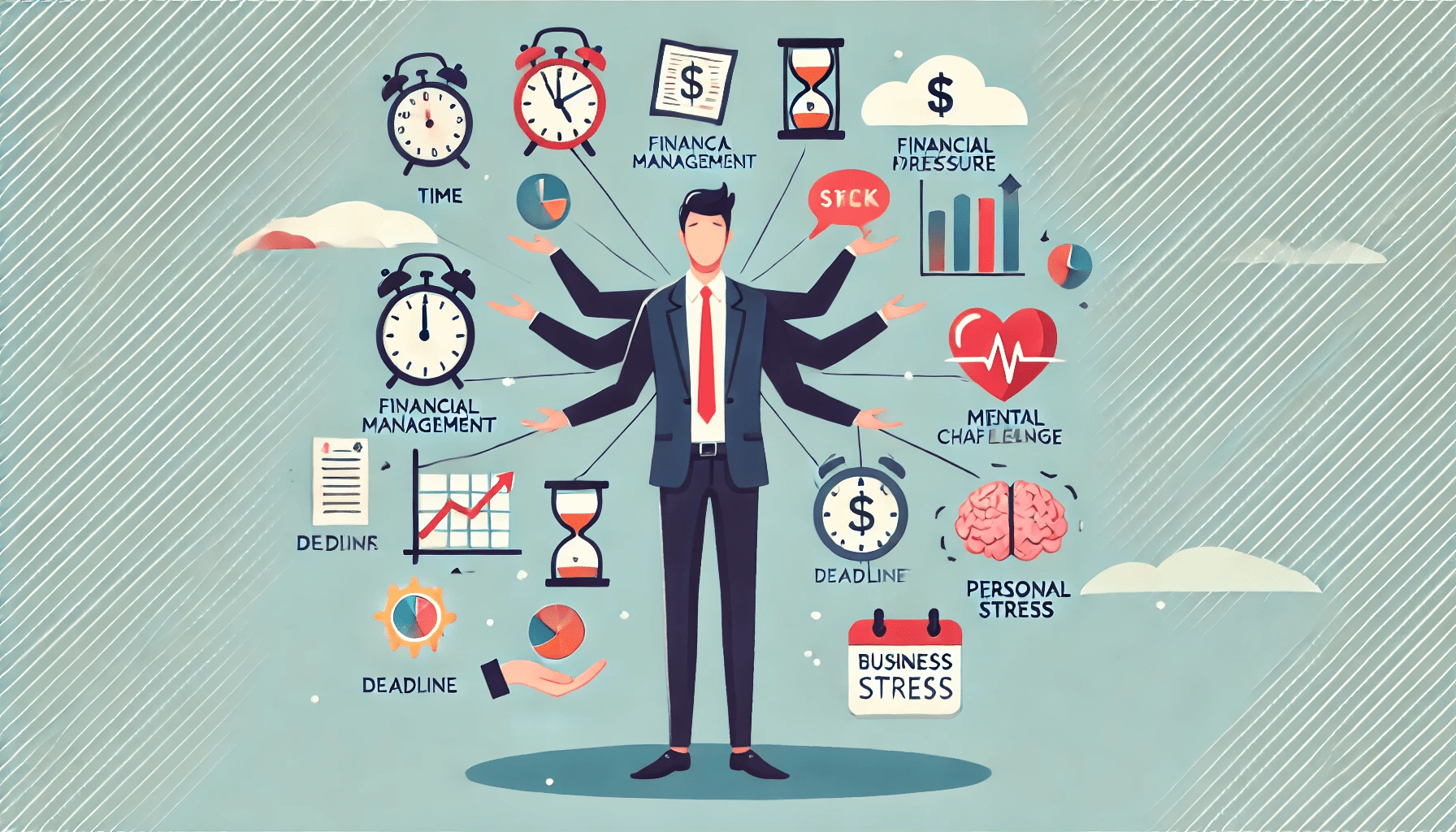 An entrepreneur juggling different stressors, from time management to personal stress.