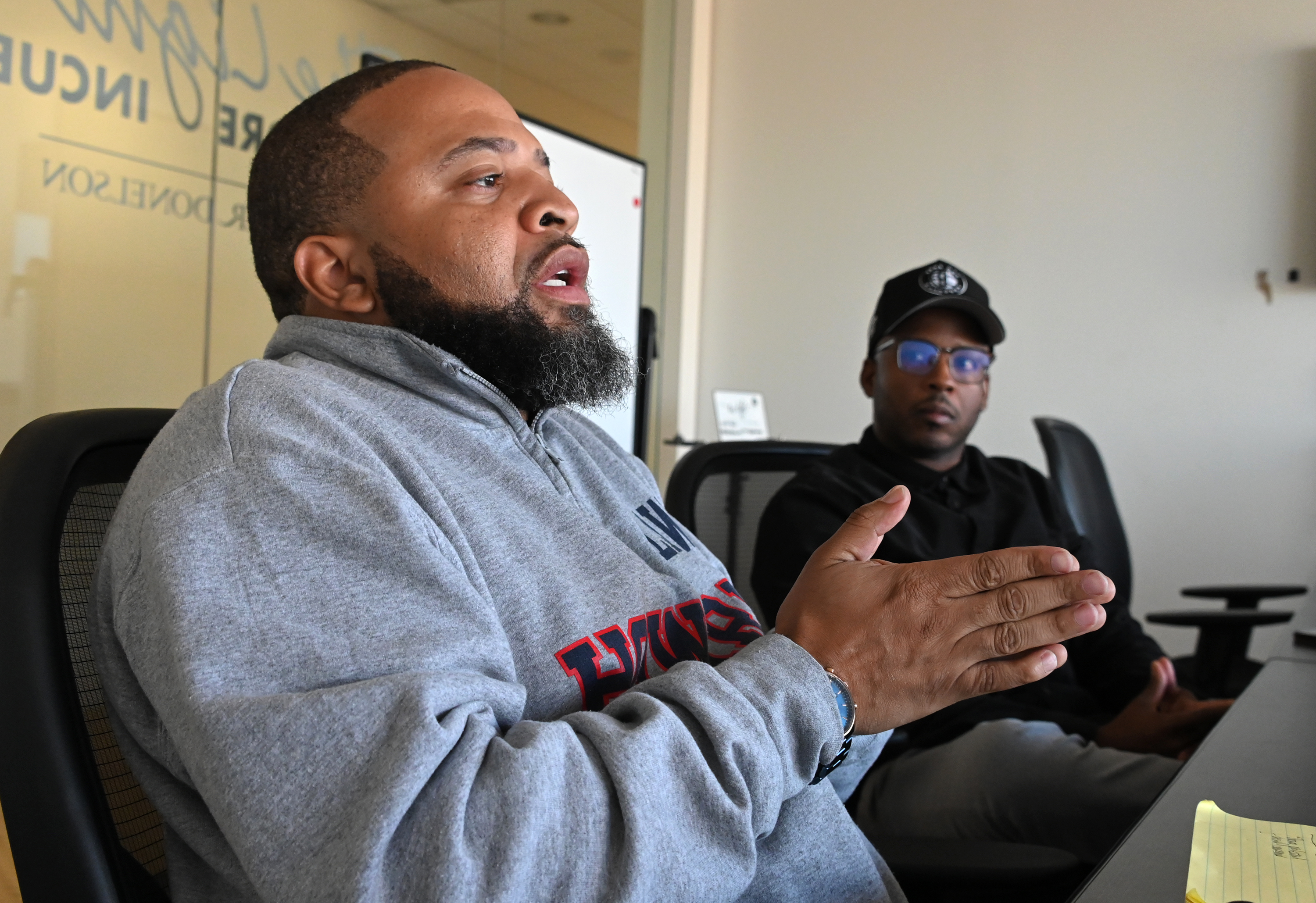 Brandon Taylor, CEO of MunchNFly, left, and Jerry Aquino, COO. MunchNFly received a cannabis micro-processor license from the social equity lottery. Taylor is a lawyer, former Baltimore public defender. Aquino is a filmmaker. Both are both Navy vets. (Lloyd Fox/Staff photo)