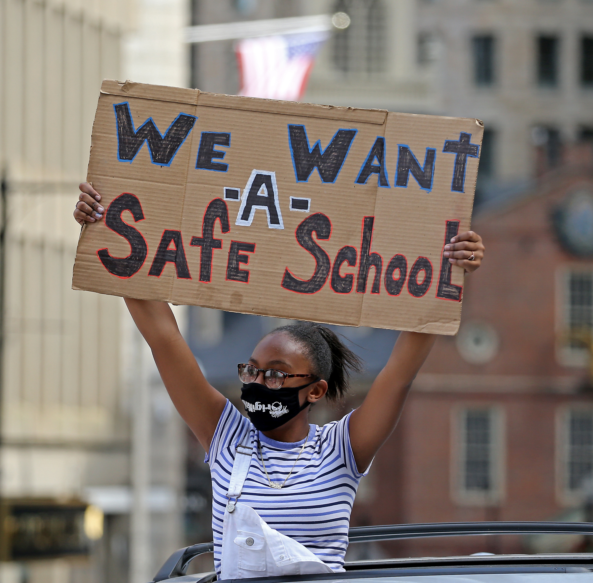 BOSTON MA. - AUGUST 13: as members of the Boston Teachers Union have a Mobile and fixed location protest at City Hall Plaza on August 13, 2020 in Boston, MA. (Staff Photo By Stuart Cahill/MediaNews Group/Boston Herald)