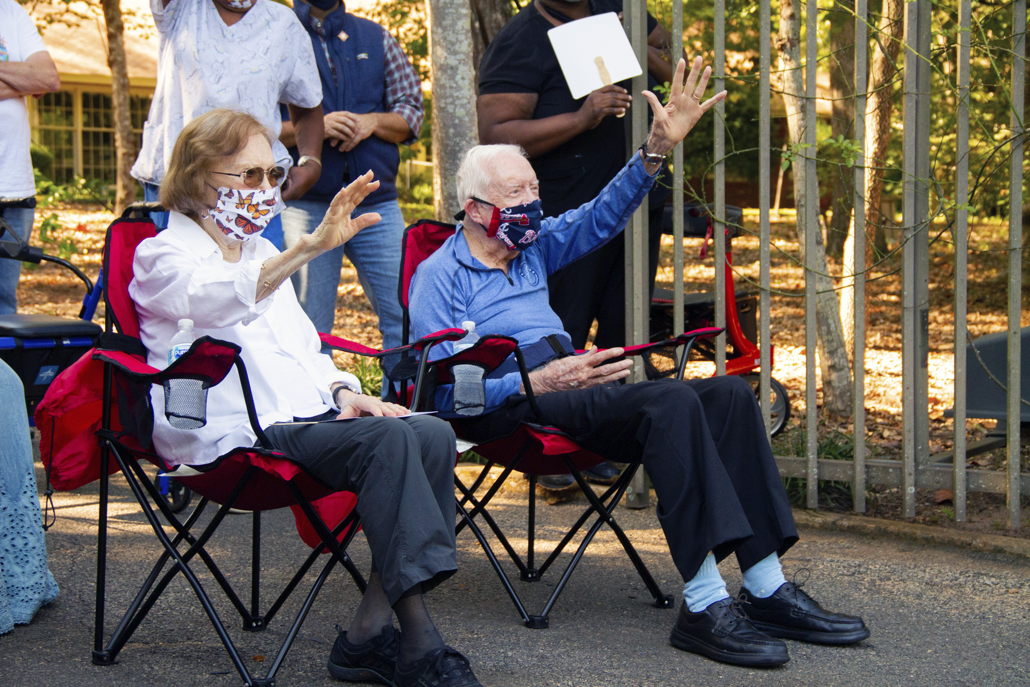 This photo provided by The Carter Center shows former President Jimmy Carter and former first lady Rosalynn Carter, Thursday, Oct. 1, 2020 in Plains, Ga. Former President Jimmy Carter marked his 96th birthday Thursday, the latest milestone for the longest-lived of the 44 men to hold the highest American office. (Luke Usry/The Carter Center via AP)