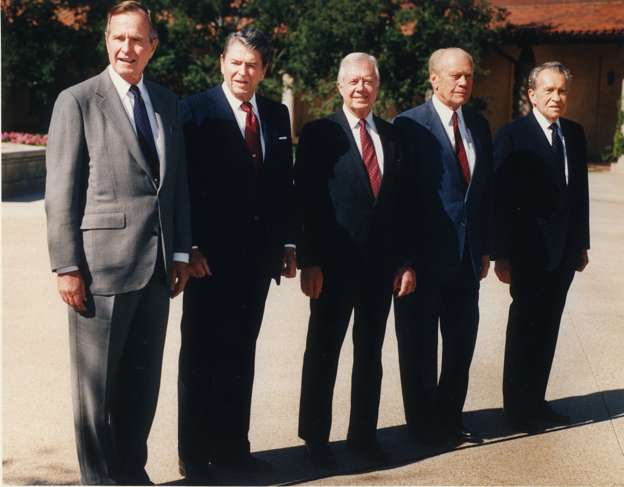 For the first time in history, five US presidents gathered in one place. George HW Bush, Ronald Reagan, Jimmy Carter, Gerald Ford and Richard Nixon appear in the courtyard of the Ronald Reagan Presidential Library in Simi Valley Calif., November 04 1991. (Photo by Tom Mendoza/Daily News Staff Photographer)