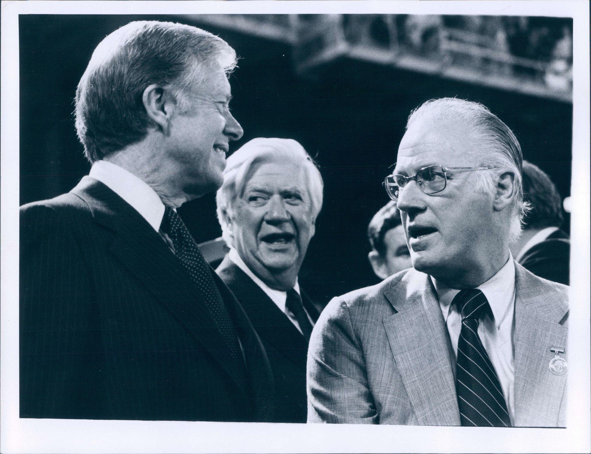 President Jimmy Carter, Tip O'Neil and Bowie Kuhn attend the seventh game of the World Series at Memorial Stadium between the Baltimore Orioles and the Pittsburgh Pirates in October, 1979. (J. Pat Carter, J. Pat Carter / Baltimore Sun fi)