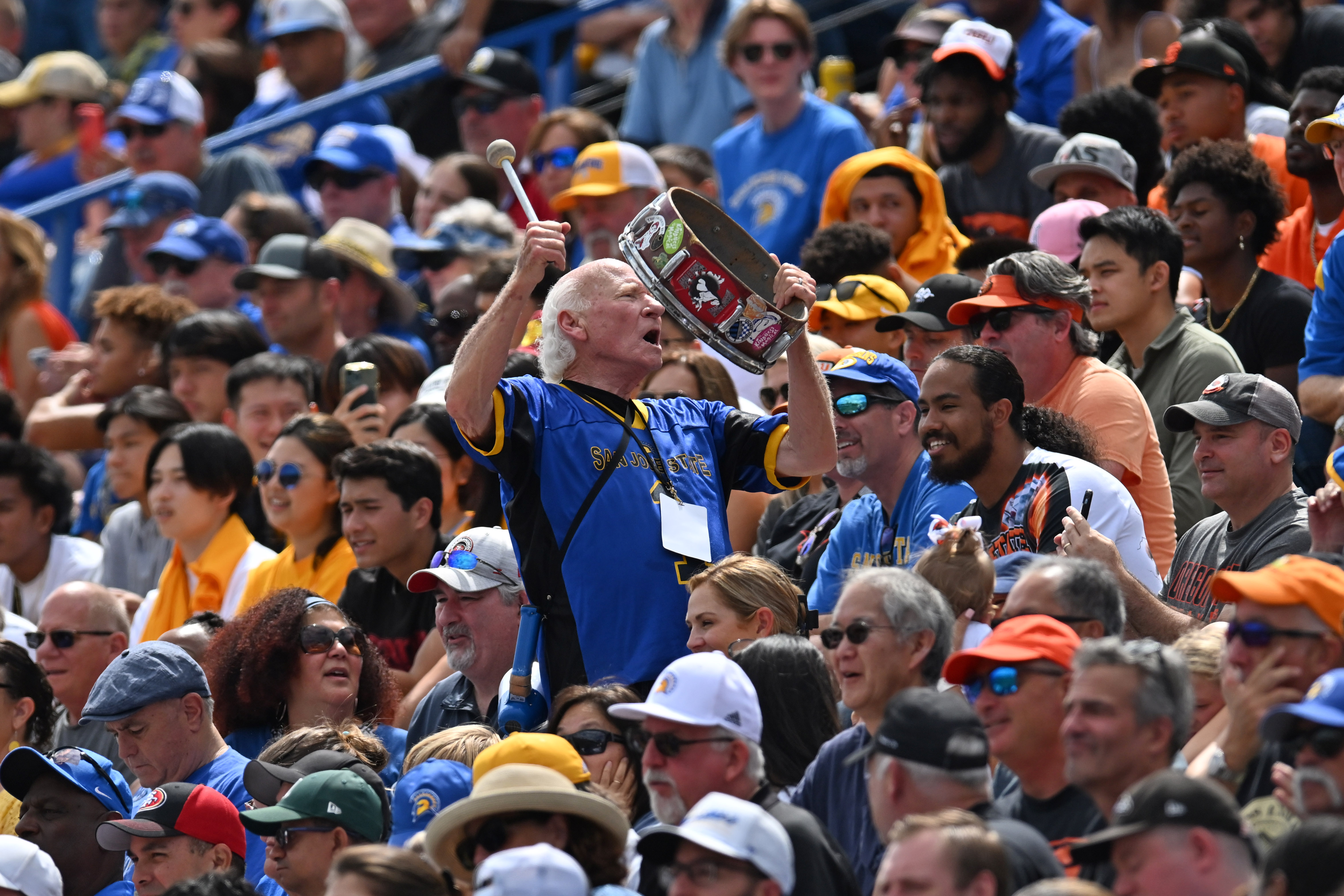 Krazy George Henderson pounds his drum during the San Jose State vs. Oregon State game at San Jose State University in San Jose, Calif., on Sunday, Sept. 3, 2023. (Jose Carlos Fajardo/Bay Area News Group)