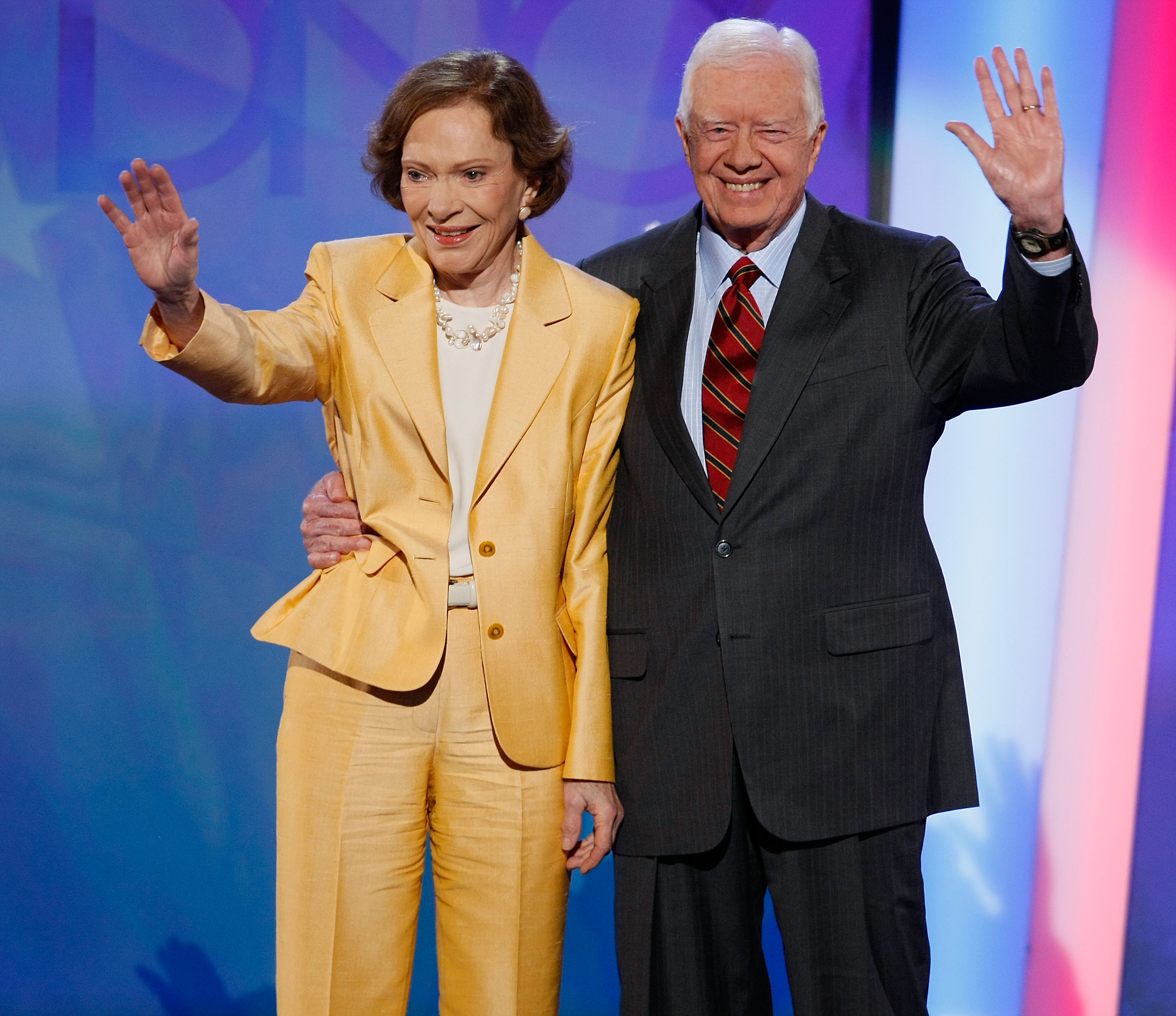 FILE - NOVEMBER 19, 2023: It was reported that former first lady Rosalynn Carter, the wife of former President Jimmy Carter and an advocate for mental health, died at her home at age 96 on November 19, 2023. DENVER - AUGUST 25: Former U.S. President Jimmy Carter (R) and former first lady Rosalynn Carter wave on stage during day one of the Democratic National Convention (DNC) at the Pepsi Center August 25, 2008 in Denver, Colorado. The DNC, where U.S. Sen. Barack Obama (D-IL) will be officially nominated as the Democratic candidate for U.S. president, starts today and finishes August 28th. (Photo by Mark Wilson/Getty Images)