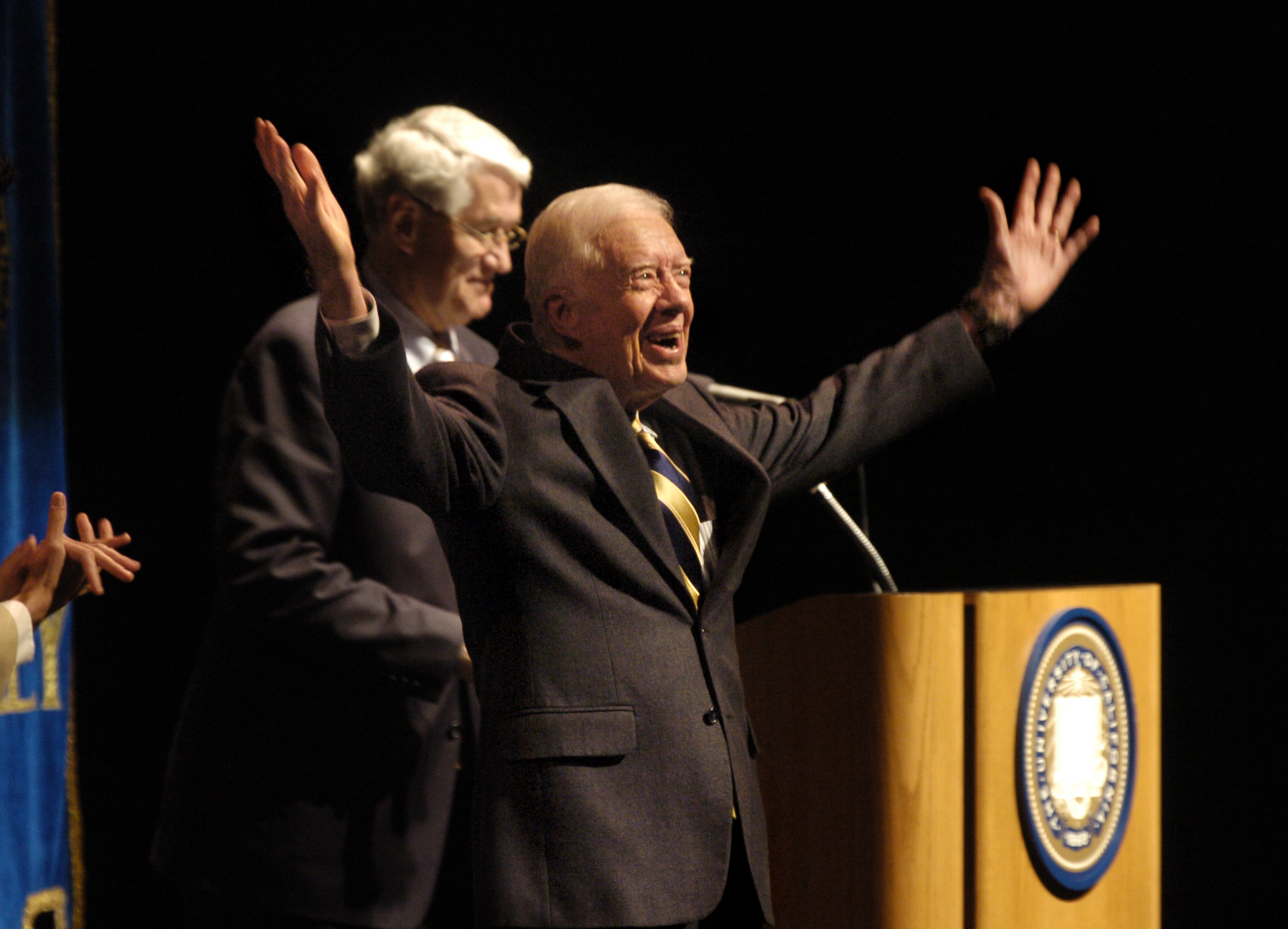 Former President Jimmy Carter addresses a crowd of students, faculty, and staff at Zellerbach Hall at U.C. Berkeley in Berkeley, Calif. on Wednesday, May 2, 2007. President Carter mainly talked about his book, "Palestine: Peace Not Apartheid", which is about the Palestinian-Israeli Conflict. (Nader Khouri/Contra Costa Times)