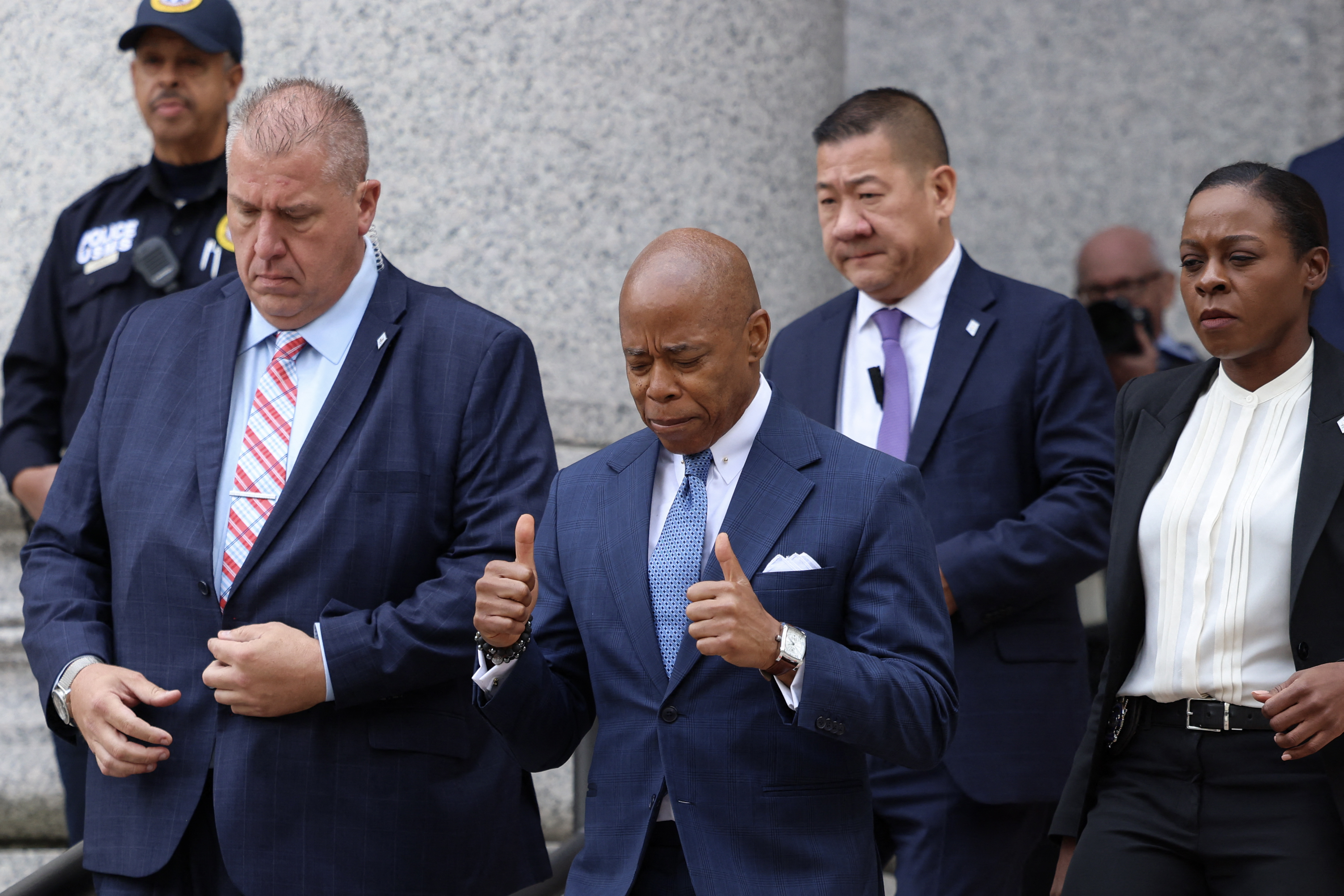 New York City Mayor Eric Adams gives a thumbs up as he departs federal court in New York City on October 2, 2024. (Photo by CHARLY TRIBALLEAU/AFP via Getty Images)