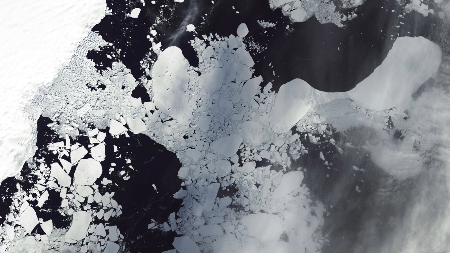 The former Conger ice shelf is shown as a white mass on Earth's face from space.