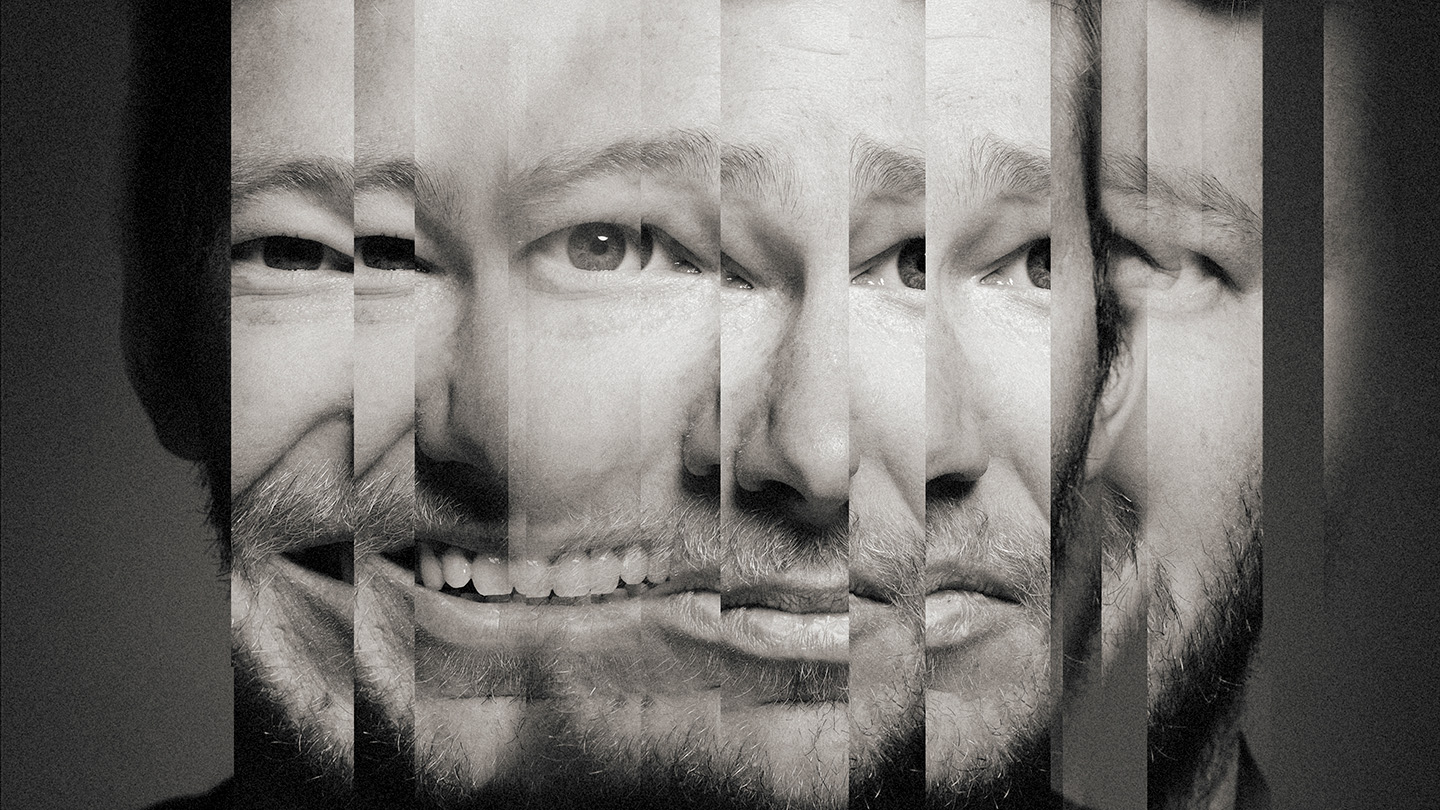 Slices of the same man's face are shown roughly 12 times, stretched out like a panoramic shot, each displaying a portion of a different facial expression