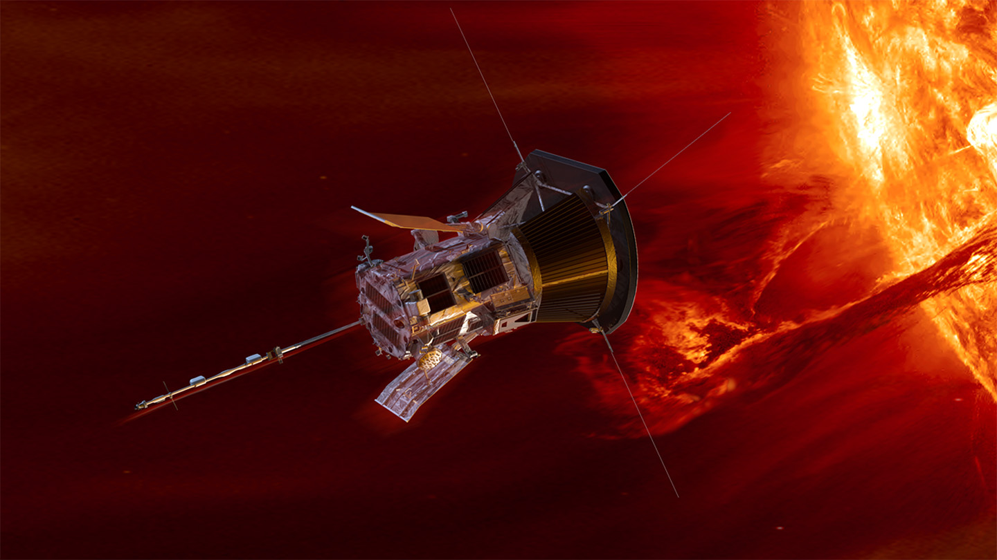 Illustration of a roughly cylindrical spacecraft near the sun. The sun is emitting a large coronal loop.