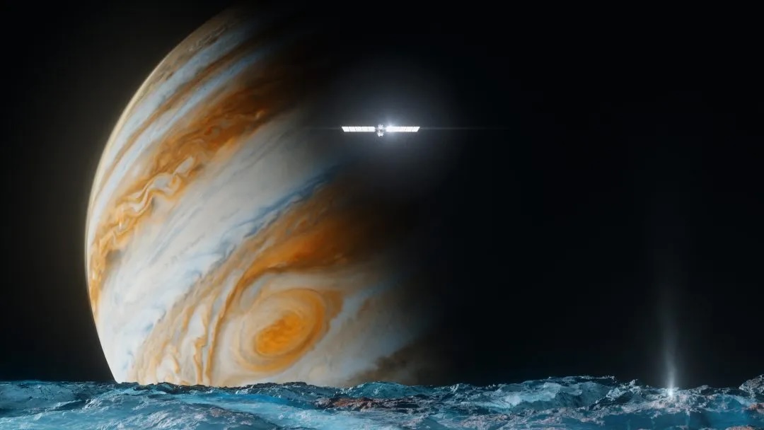 An artist's illustration of the Europa Clipper spacecraft flying over Jupiter's icy moon Europa.