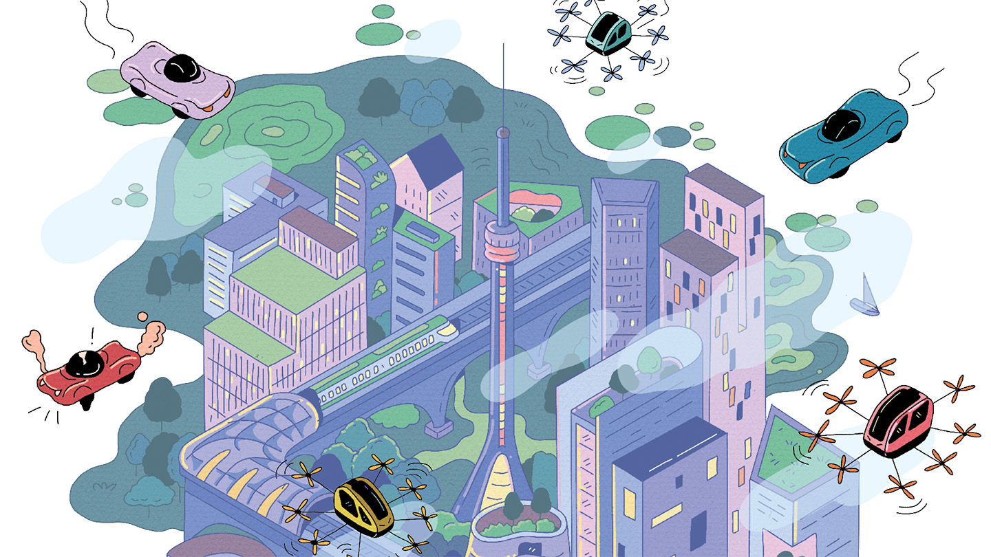 An illustration of a city-scape with flying cars nearby.