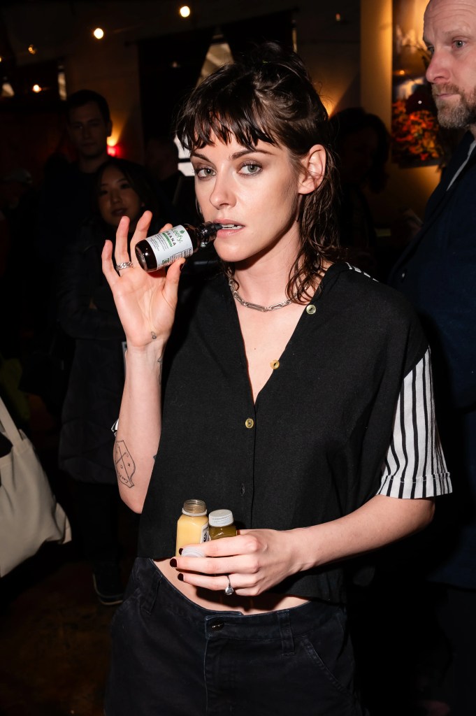 Kristen Stewart picks up some Leefy Organics at the Film.io content studio during the 2024 Sundance Film Festival while promoting her film Love Lies Bleeding