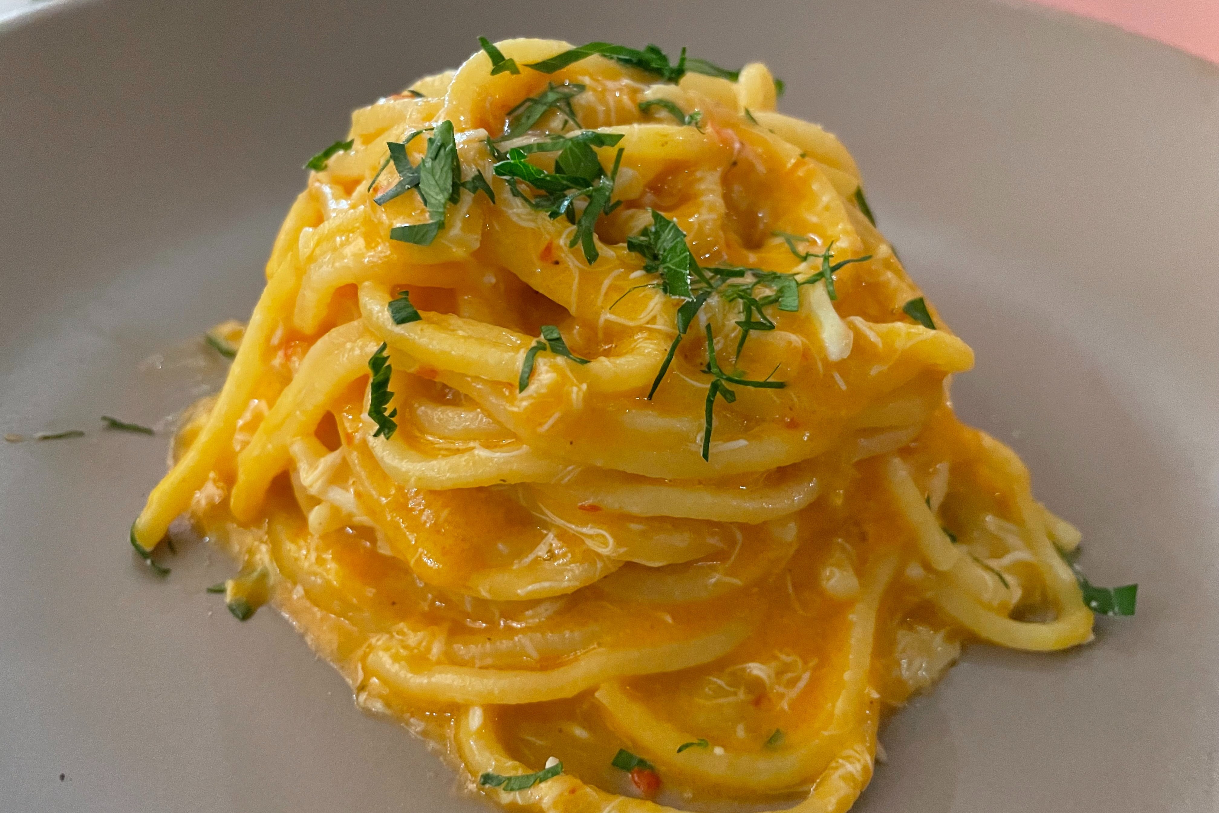 Spaghetti in a creamy sauce with herbs on top on a gray plate