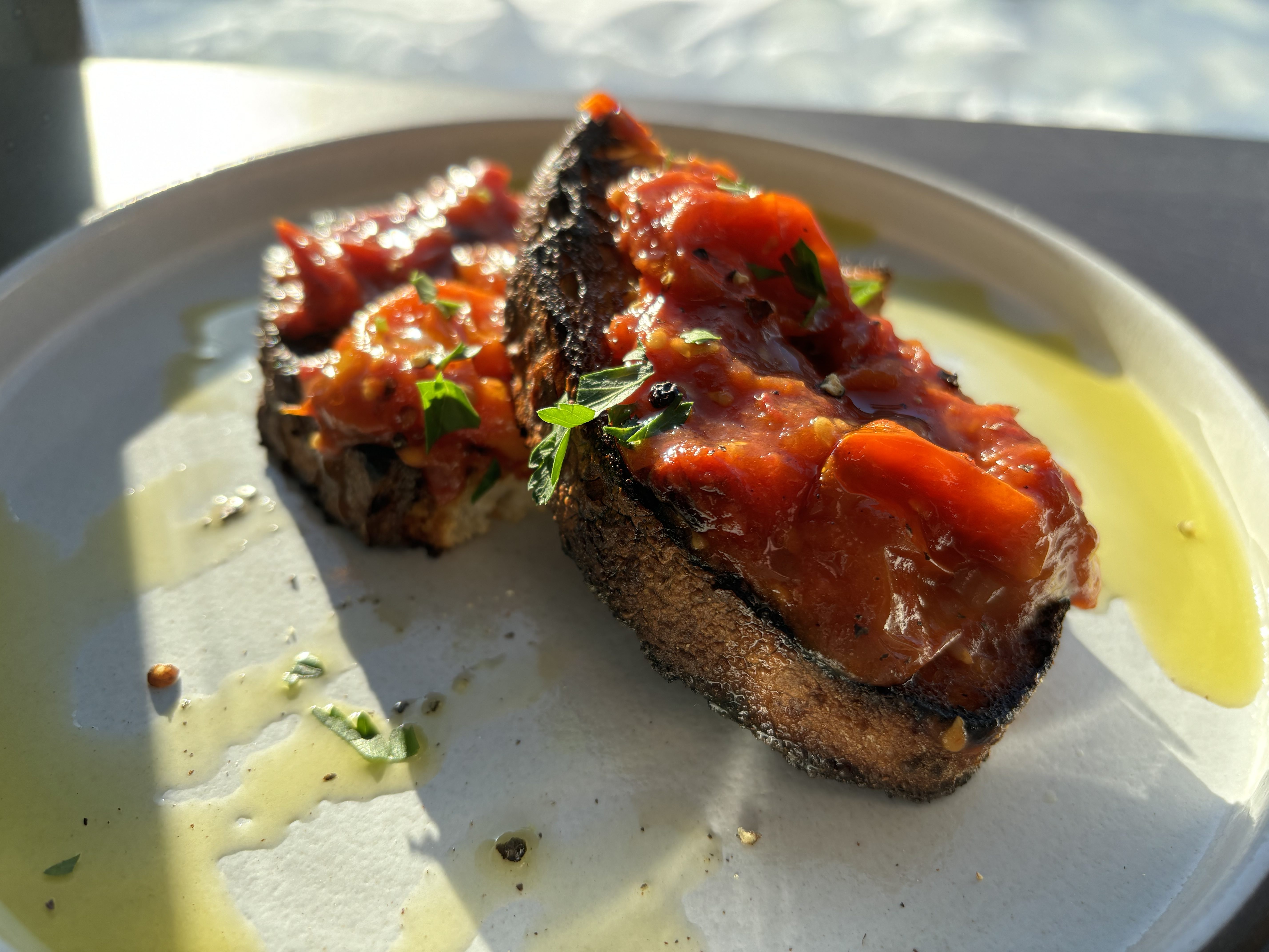 a close-up photo of saucy bright red tomatoes and some cilantro leaves on top of darkly toasted bread slice