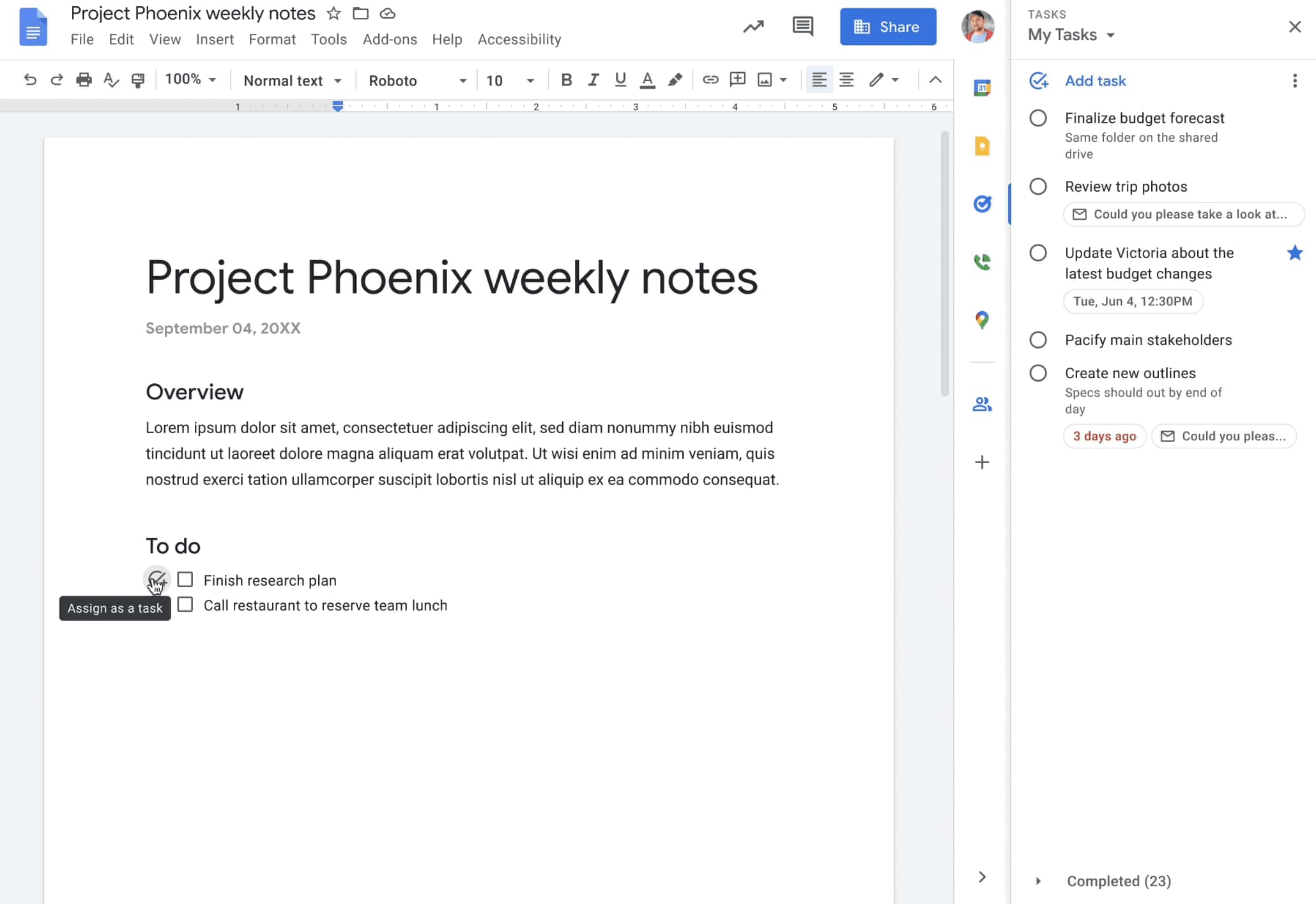 Google Tasks Docs checklist