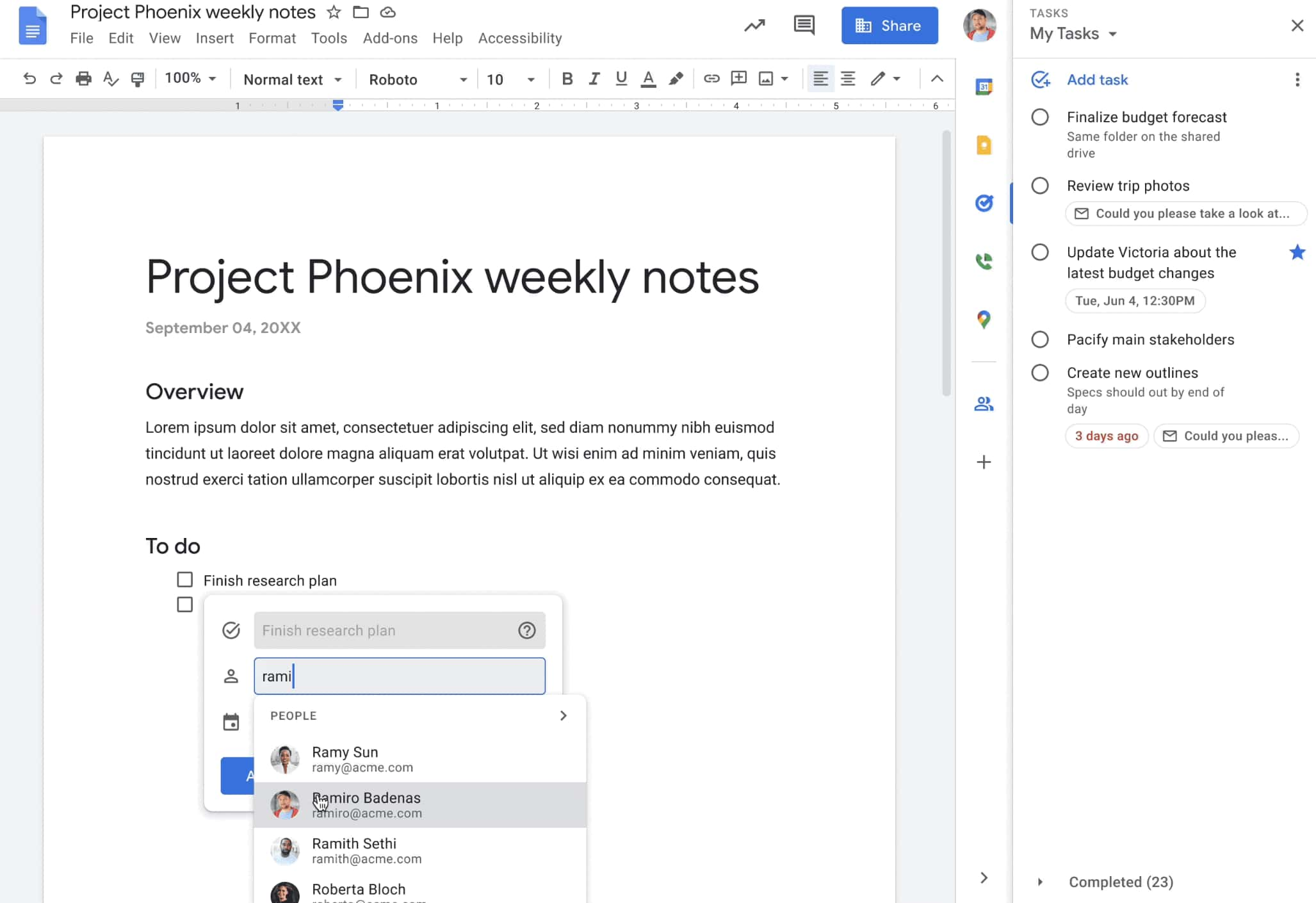 Google Tasks Docs checklist