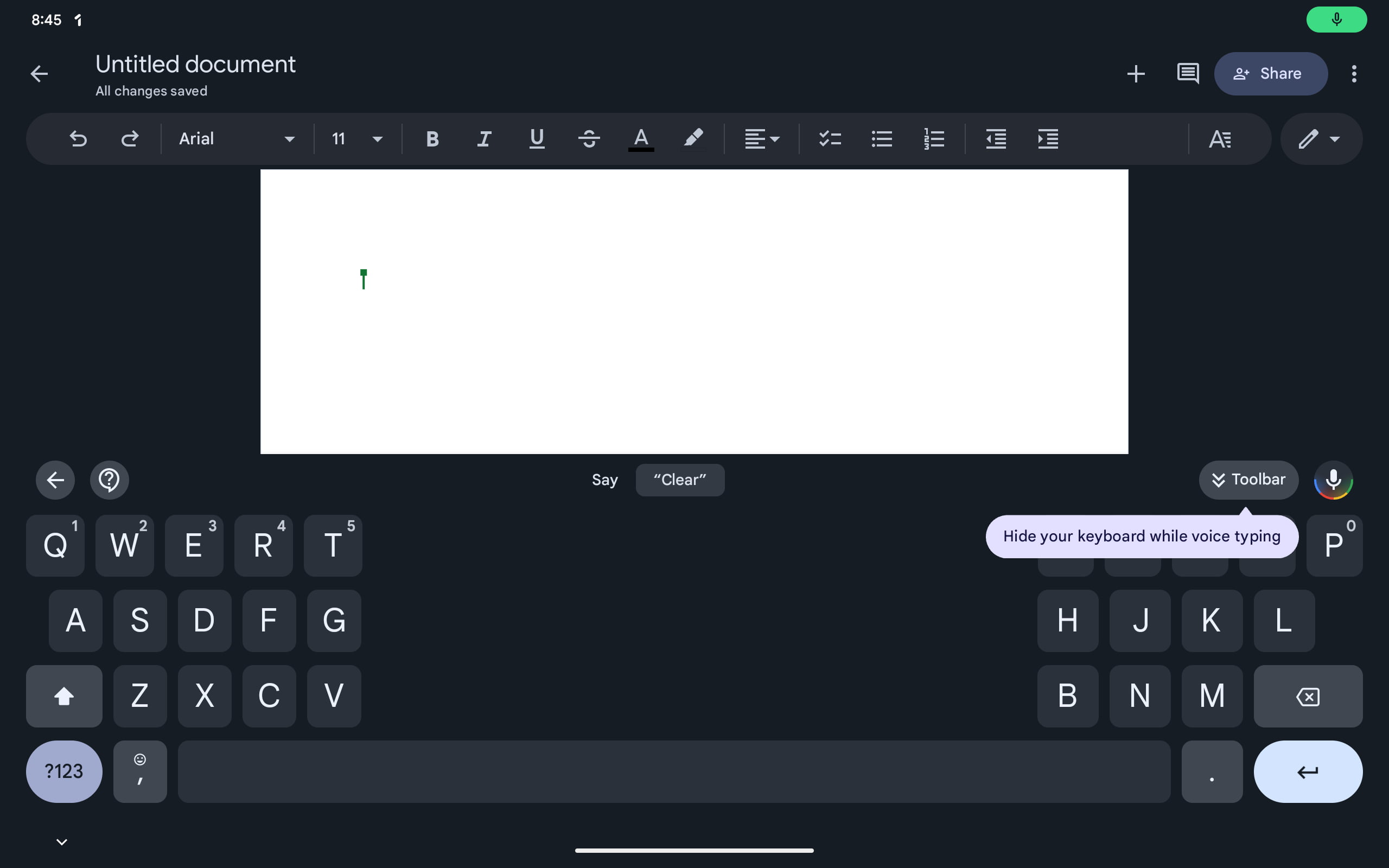 Assistant voice typing toolbar