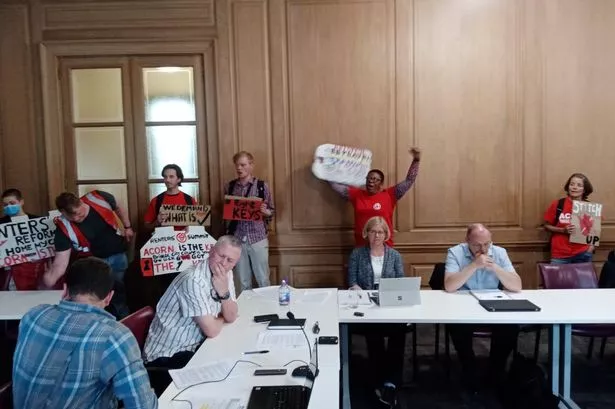 Members tenants' union ACORN Bristol storm in and stop the first meeting of Bristol City Council's Renting Commission, because they were not invited to join