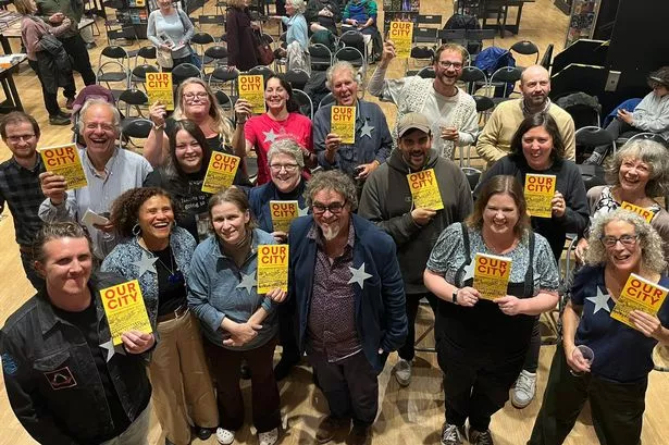 The launch of a book called Our City, featuring 18 essays written by people at the forefront of separate community campaigns and controversies in Bristol in the past 5-10 years.
The book has been compiled by Suzanne Audrey (second row, right end of the row) and published by Tangent Books - its publisher Richard Jones is in the centre front.