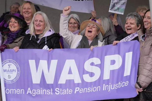 People at a Women Against State Pension Inequality (WASPI) protest outside the Scottish Parliament in Edinburgh, campaigning for justice and full compensation. Picture date: Thursday April 18, 2024. PA Photo. Photo credit should read: Andrew Milligan/PA Wire