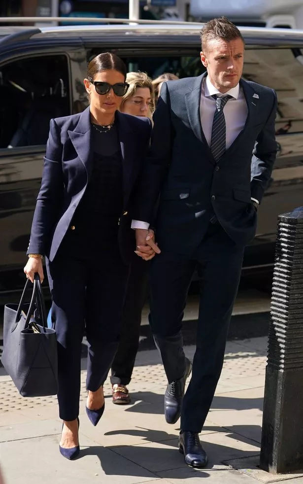 Rebekah and Jamie Vardy arrive at the Royal Courts Of Justice, London, as the high-profile libel battle between Rebekah Vardy and Coleen Rooney continues. Picture date: Tuesday May 17, 2022. PA Photo. Rooney accused Vardy of leaking "false stories" about her private life in October 2019 after carrying out a months-long "sting operation" which saw her dubbed "Wagatha Christie". Mrs Vardy denies the allegations and has sued the fellow footballer's wife for damages for libel over the "untrue and unjustified defamatory attack". See PA story COURTS Wagatha. Photo credit should read: Yui Mok/PA Wire