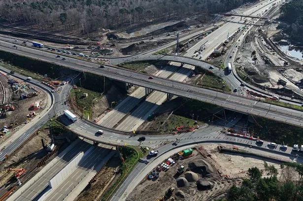 Engineering work taking place at the A3 Wisley interchange at Junction 10 of the M25 as concrete beams for a new bridge are installed. Picture date: Saturday May 11, 2024. PA Photo. See PA story TRANSPORT M25. Photo credit should read: Jordan Pettitt/PA Wire