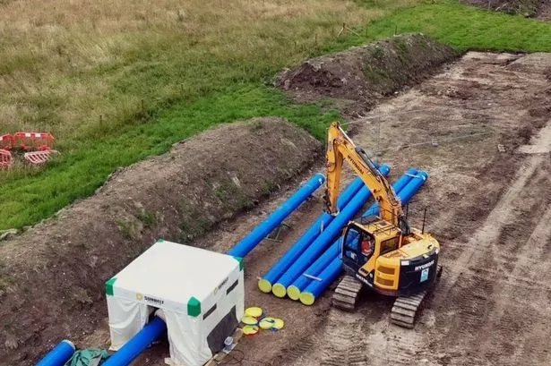 Blue pipes being laid in countryside